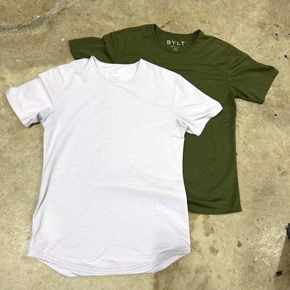 BYTL Drop Cut Shirt Lot (2) Olive Green Lavender Men Small Curve Hem T-Shirt